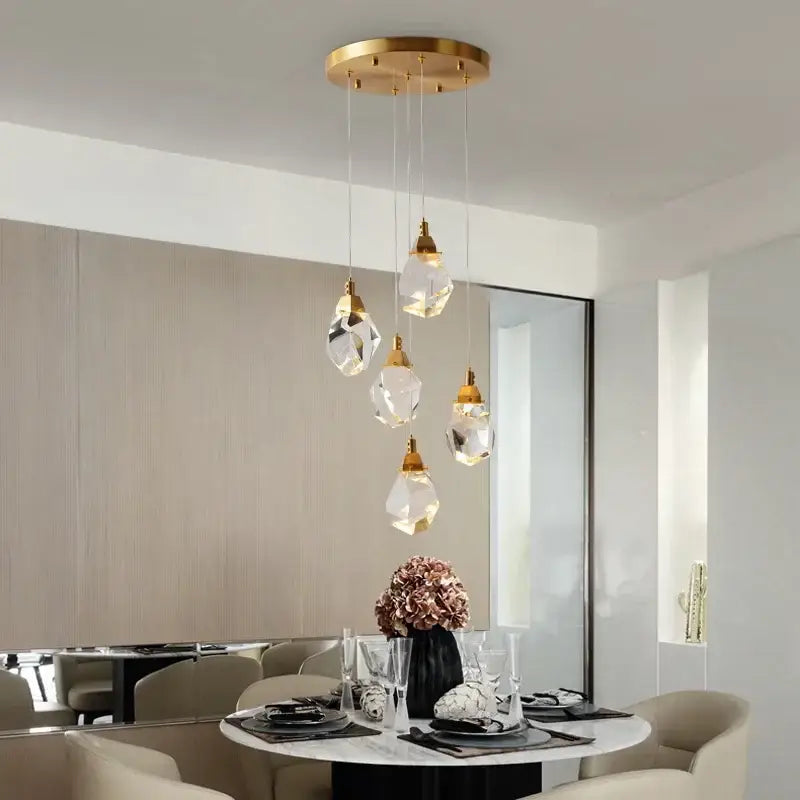 Modern gold diamond crystal chandelier with five faceted droplets for elegant crystal chandelier staircase led lighting