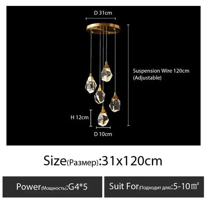 Modern gold diamond crystal chandelier with five faceted crystal pendants for elegant crystal chandelier staircase led lighting
