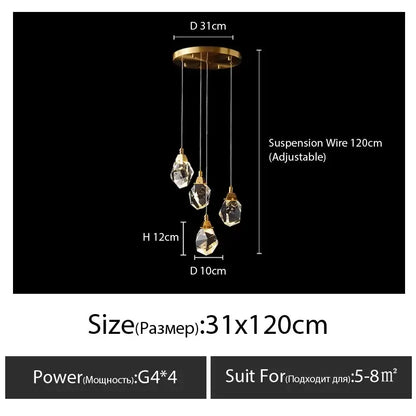 Modern gold diamond crystal chandelier with three faceted droplets suspended by adjustable wires for chandelier staircase led lighting