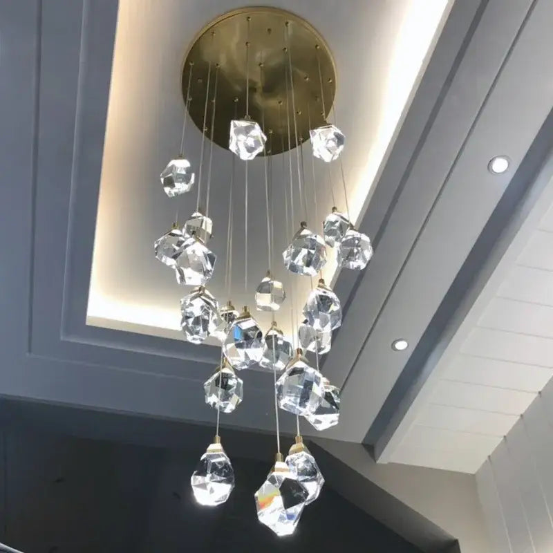 Modern gold diamond crystal led ceiling chandelier with clear faceted glass pendants for dining room lighting
