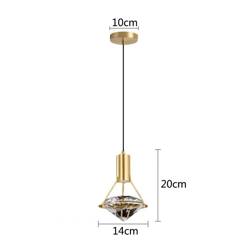 Modern gold diamond crystal pendant light with a clear crystal centerpiece and black cord for bedroom illumination