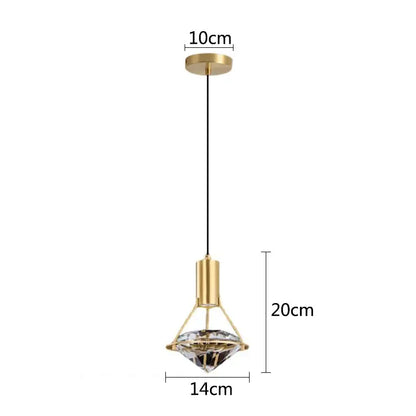 Modern gold diamond crystal pendant light with a clear crystal centerpiece and black cord for bedroom illumination