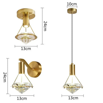 Modern gold diamond crystal wall lamp with gold finish and clear crystal accents for bedroom lighting