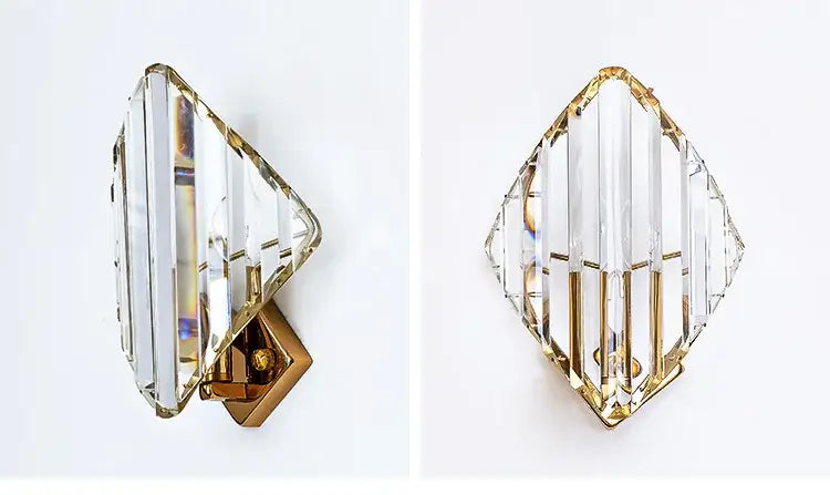 Modern gold diamond crystal wall lamp with vertical faceted glass panels in gold metal frame for luxury living room decorbites crystal wall