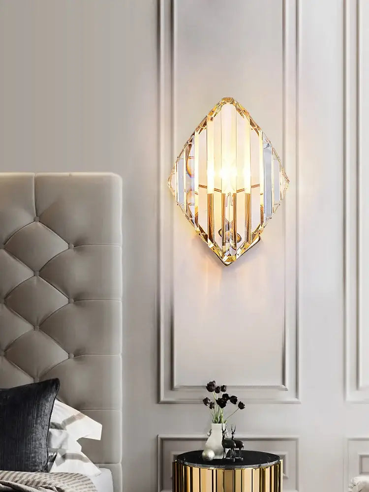 Modern gold diamond crystal wall lamp with gold-toned metal framing and clear panels for luxury decorbites crystal wall decor