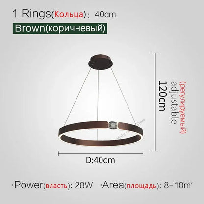 Modern gold diamond ring chandelier with brown circular pendant light and central crystal accent with adjustable height