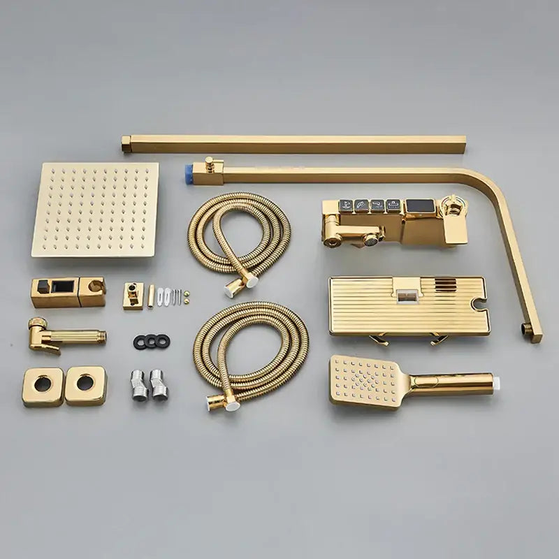 Modern gold digital shower faucet set with square rainhead handheld sprayer and integrated control panel for bathroom use