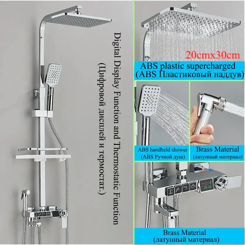 Modern gold shower faucet set with chrome finish, large square rainhead, handheld spray, and digital display control panel