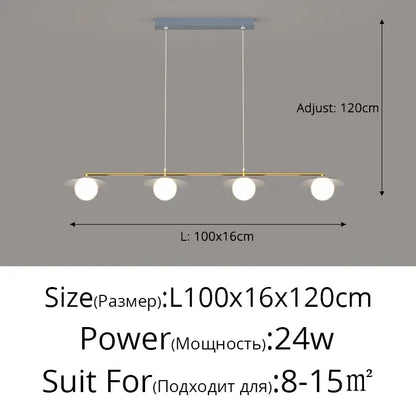 Modern gold dimmable led ceiling chandelier with four white glass bulbs on a sleek metal bar for dining room decorbites dimmable led