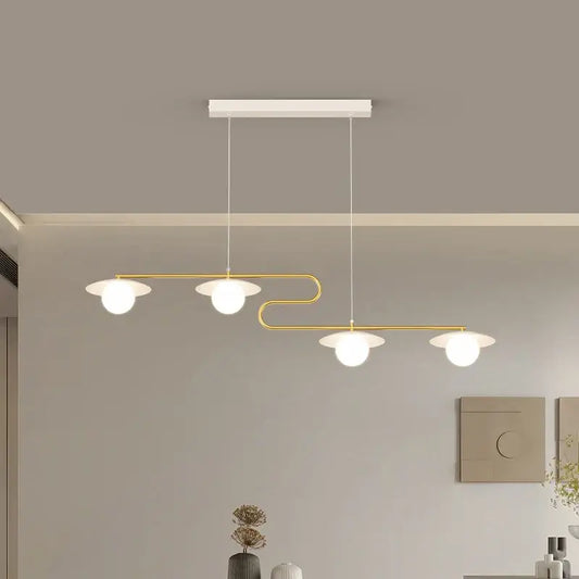 Modern gold dimmable led ceiling chandelier with three white glass shades by decorbites for dining room decor