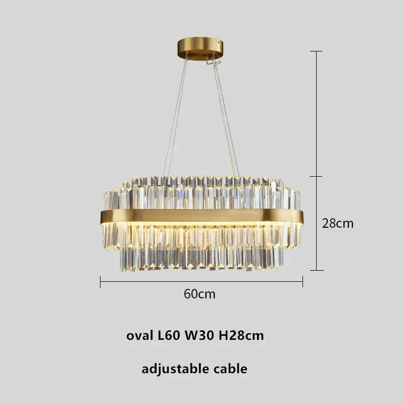 Modern gold dimmable led pendant light with decorbites gold metal frame and cascading clear crystal prisms for dining room decor