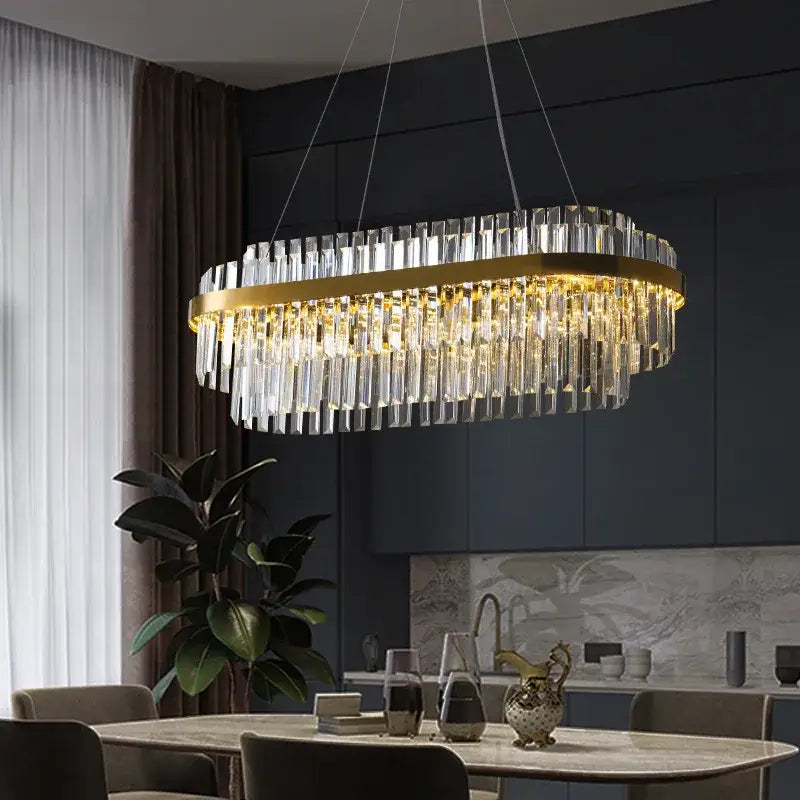 Modern gold dimmable led pendant light with decorbites gold metal frame and cascading crystal rods for dining room decor