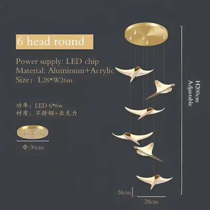 Modern gold decorbites dolphin pendant chandelier with six aluminum and acrylic wing-shaped lights for hotel lobbies