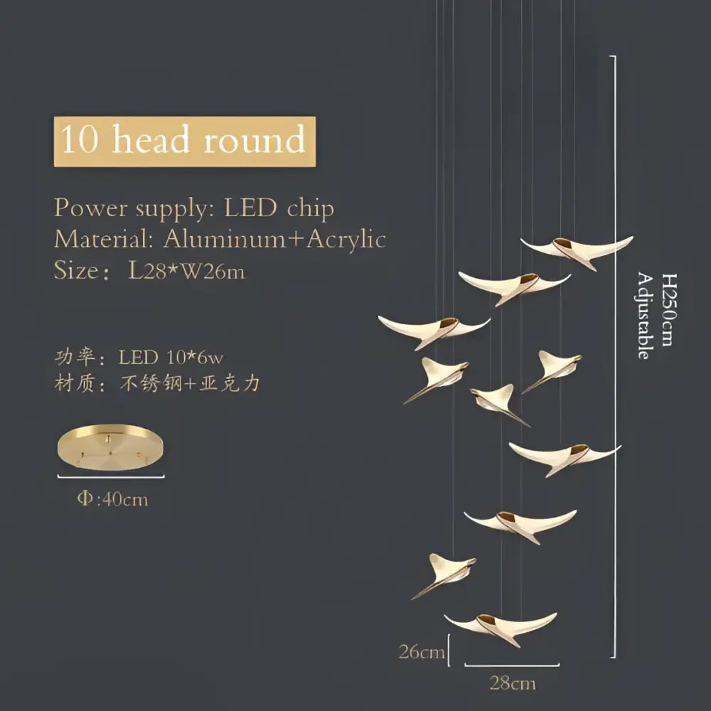 Modern gold dolphin pendant chandelier with ten adjustable golden bird-shaped heads in aluminum and acrylic by decorbites dolphin pendant