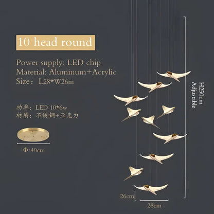 Modern gold dolphin pendant chandelier with ten adjustable golden bird-shaped heads in aluminum and acrylic by decorbites dolphin pendant