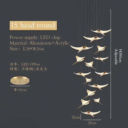 Modern gold dolphin pendant chandelier with 15 adjustable aluminum and acrylic bird-shaped lights for hotel lobbies by decorbites dolphin pendant