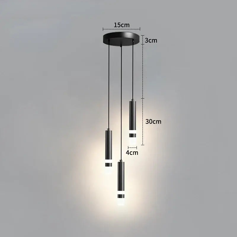 Modern black cylindrical double head led pendant lights with three hanging bulbs and circular ceiling mount for bedroom