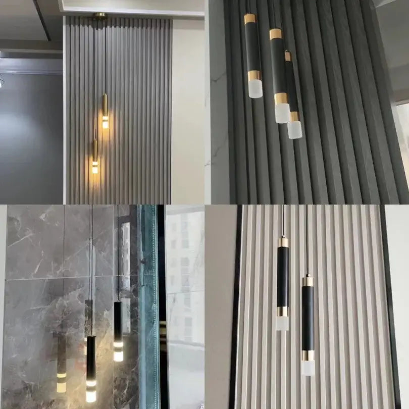 Modern gold double head led pendant lights with black and gold cylindrical design and frosted glass accents for bedroom