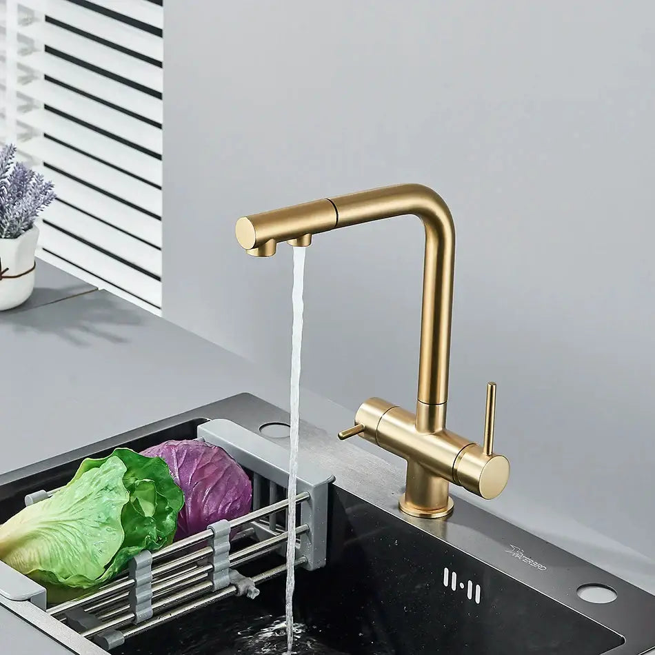 Modern gold dual handle waterfilter kitchen faucet with sleek curved spout and pull out spray by decorbites