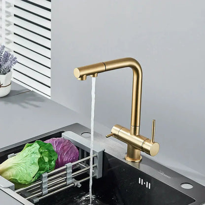 Modern gold dual handle waterfilter kitchen faucet with sleek curved spout and pull out spray by decorbites