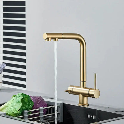 Modern gold decorbites dual handle kitchen faucet with sleek curved spout and pull out spray for waterfilter use