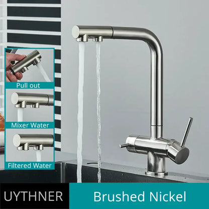 Brushed nickel decorbites dual handle waterfilter kitchen faucet with pull-out spray head and modern mixer functions