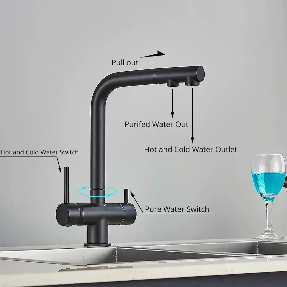 Modern gold decorbites dual handle waterfilter kitchen faucet with black matte pull out spray and multiple outlets