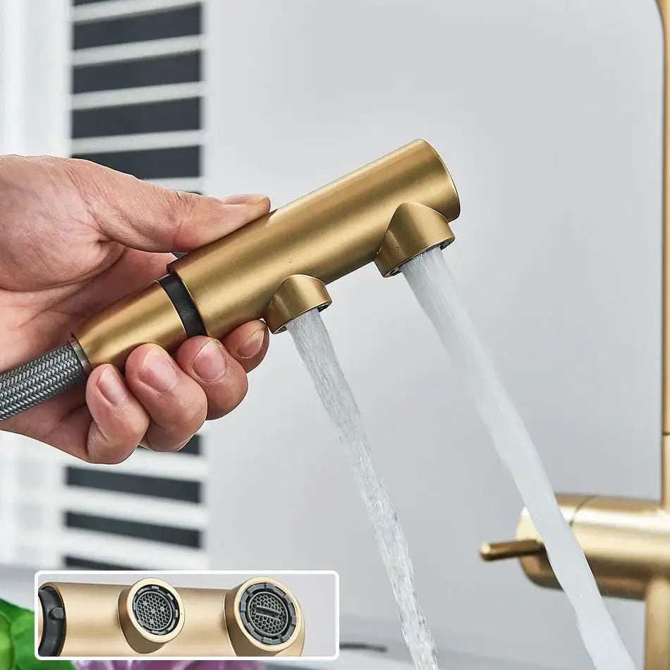 Brass-colored decorbites dual handle waterfilter kitchen faucet with pull out spray and textured grip handle
