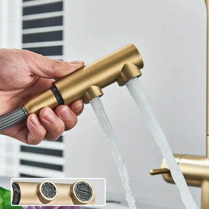 Brass-colored decorbites dual handle waterfilter kitchen faucet with pull out spray and textured grip handle
