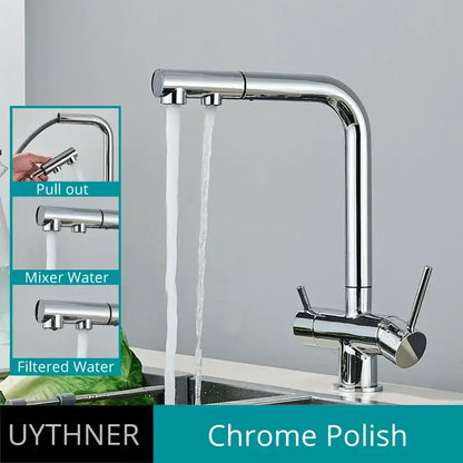 Chrome-finished decorbites dual handle kitchen faucet with sleek modern design pull-out spray and dual handle waterfilter functions