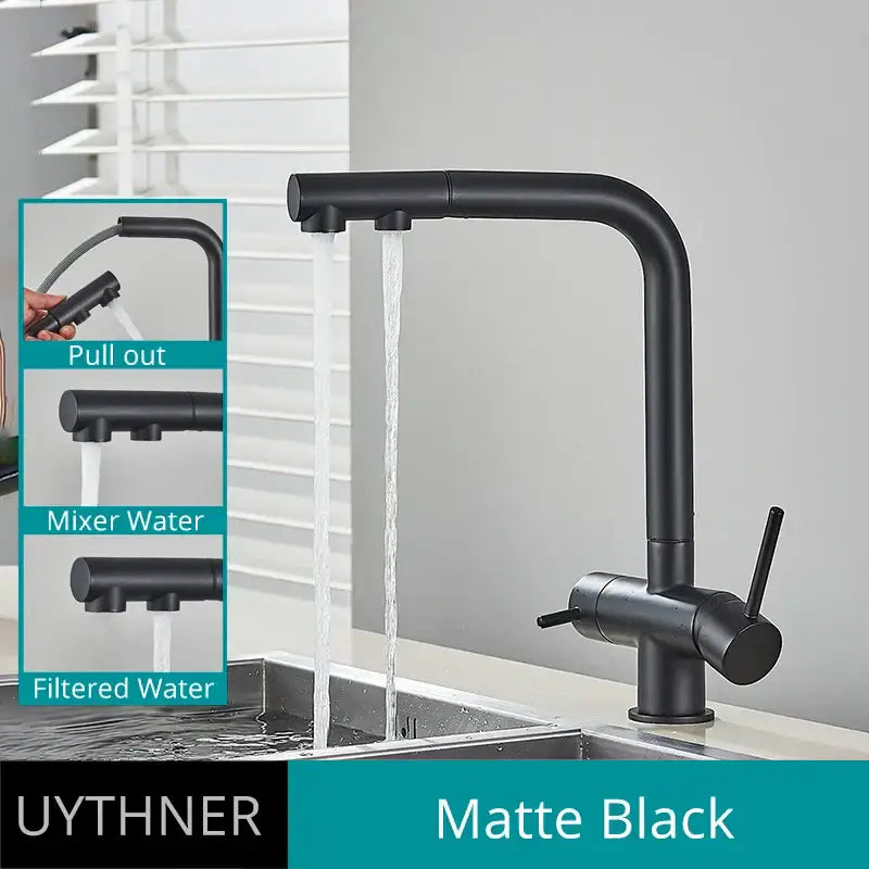 Modern gold dual handle waterfilter kitchen faucet with pull out spray and matte black uythner kitchen faucet mixer functions