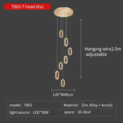 Modern gold duplex crystal chandelier with seven oval acrylic elements suspended from a zinc alloy disc for villa living room