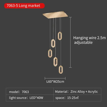 Modern gold duplex crystal chandelier features five oval acrylic elements suspended from zinc alloy ceiling plate