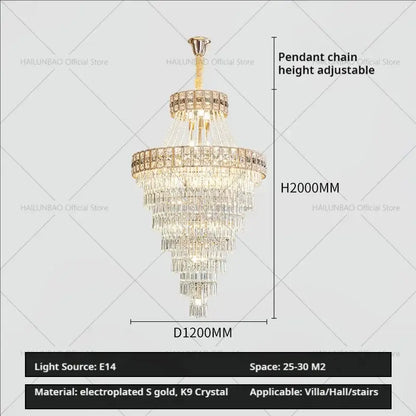 Modern gold duplex villa crystal chandelier with electroplated frame and cascading k9 crystal prisms for staircase living room