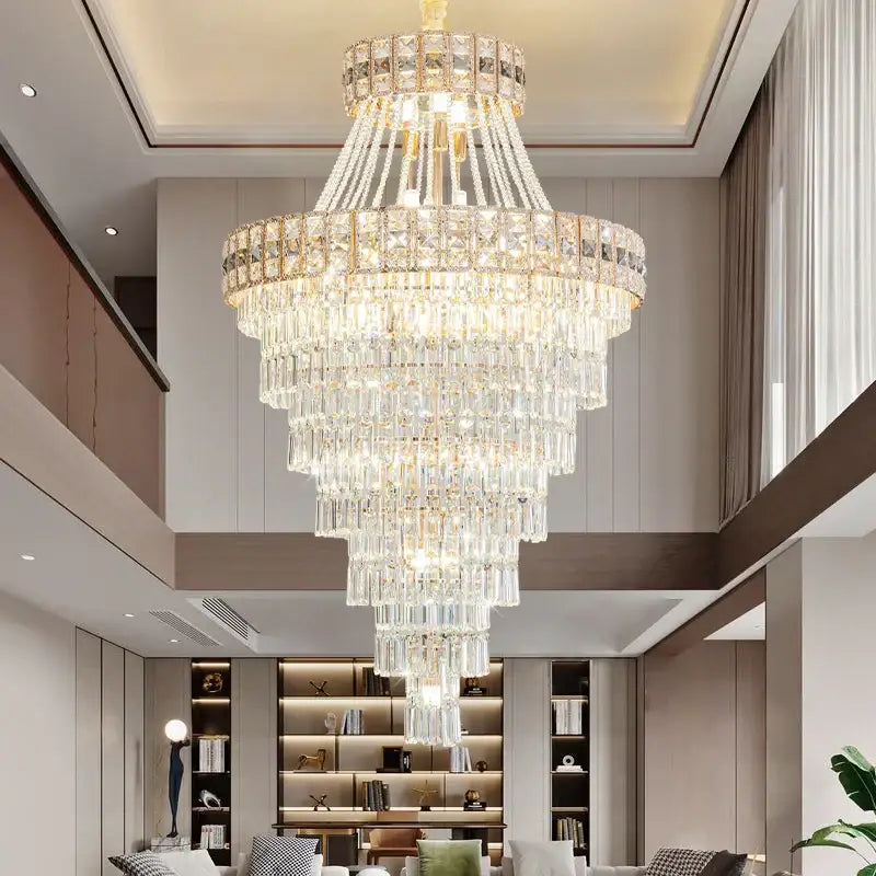 Modern gold duplex villa crystal chandelier with cascading clear glass prisms for staircase and living room decor