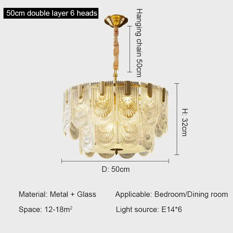 Modern gold elegant crystal chandelier with double fan glass tiers and six e14 light sources by decorbites elegant crystal