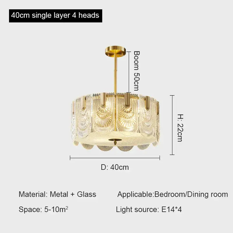 Modern gold elegant crystal chandelier with a single tier of four fan-patterned glass shades by decorbites elegant crystal