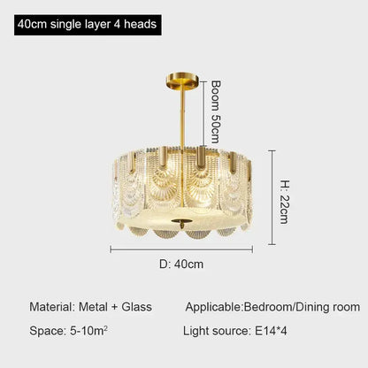 Modern gold elegant crystal chandelier with a single tier of four fan-patterned glass shades by decorbites elegant crystal