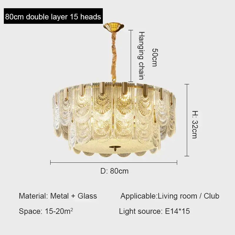 Modern gold elegant decorbites elegant crystal chandelier with 15 glass fan-shaped shades and twisted metal chain hanging