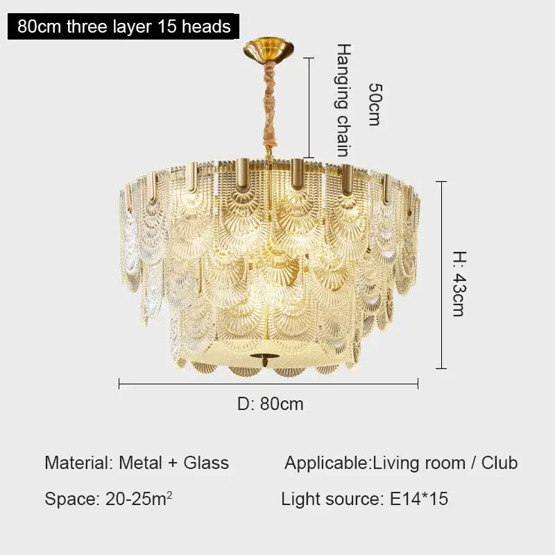 Modern gold elegant crystal chandelier with three tiers of 15 glass fan-shaped shades by decorbites elegant crystal