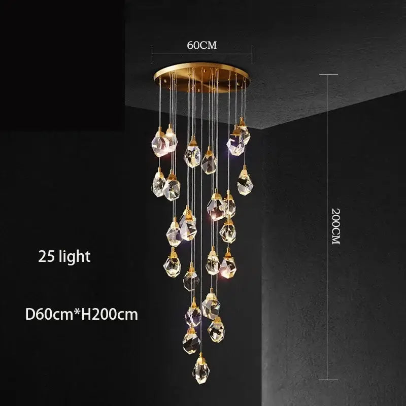 Modern gold elegant crystal chandelier by decorbites features 25 faceted crystals with a circular base for living room decor