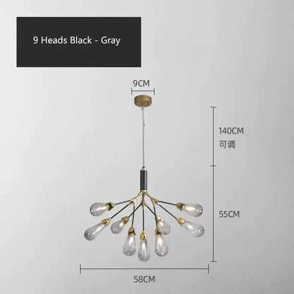 Black and gray modern decorbites elegant firefly chandelier with nine teardrop glass bulbs and brass hub for dining rooms