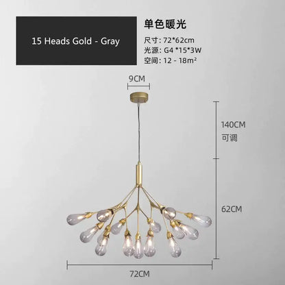 Modern gold elegant firefly chandelier with 15 teardrop glass bulbs in a branching design for dining room decorbites elegant firefly