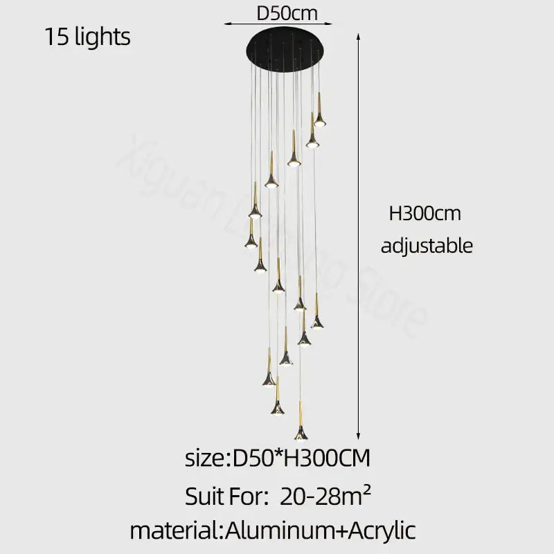 Modern black and gold decorbites elegant horn-shaped chandelier with 15 lights and 300cm adjustable height for staircases