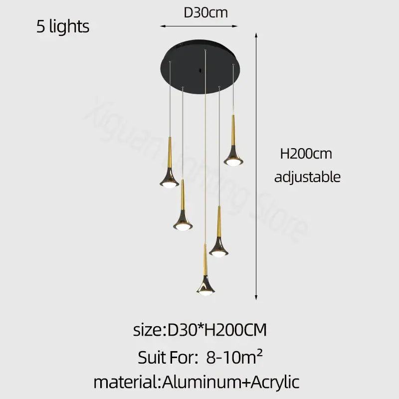 Modern black and gold decorbites elegant horn-shaped chandelier with five adjustable lights for living room staircase decor