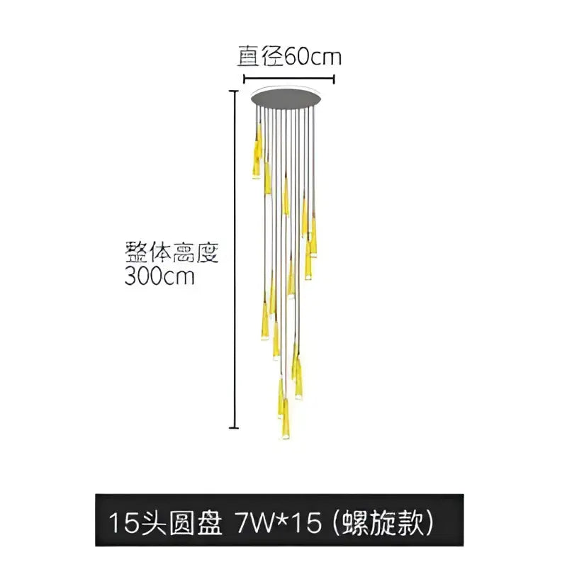 A modern decorbites elegant led ring chandelier with 15 golden-yellow glass pendants and gray metal mount for living room