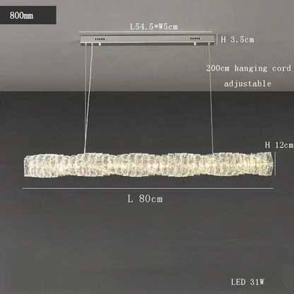 Modern gold elongated glass chandelier led ceiling light featuring a rectangular silver frame with cascading crystal segments