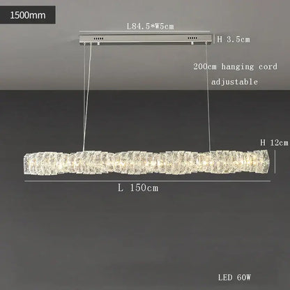 Modern gold elongated glass chandelier led ceiling light with a 150cm silver frame and clear crystal glass chandelier led segments