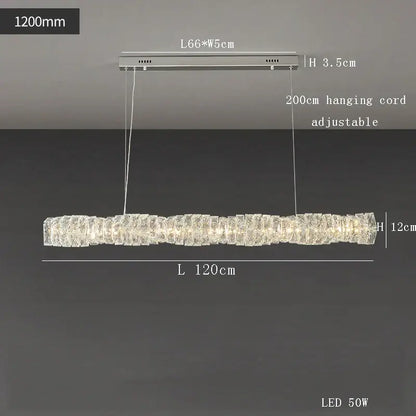 Modern gold elongated glass chandelier led ceiling light with a textured crystal design and adjustable hanging cord