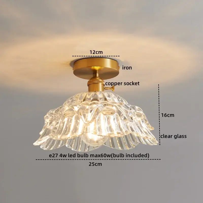 Modern gold etched glass led ceiling lamp with clear fluted pendant and brass iron mounting for living room lighting